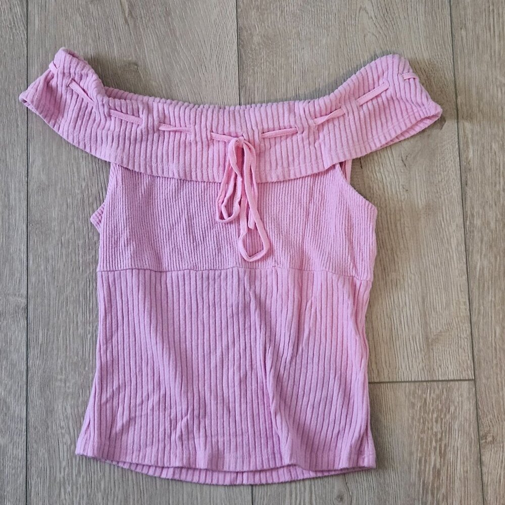 Urban Outfitters Kimchi Blue Natalia Pink Ribbed Off the Shoulder Top Small - Picture 3 of 5